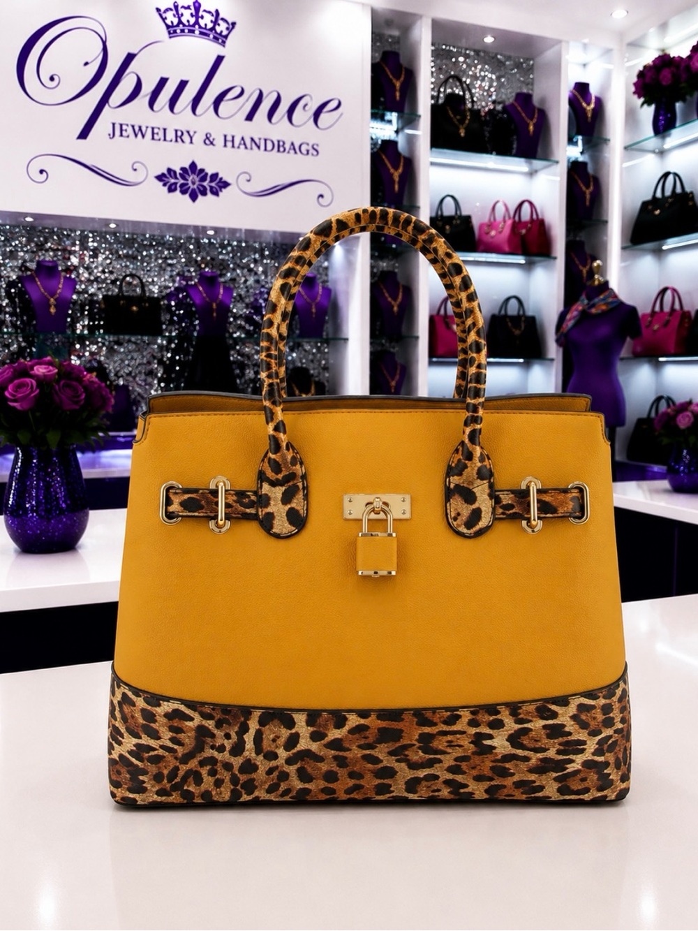 Mustard Color block Leopard Handbag